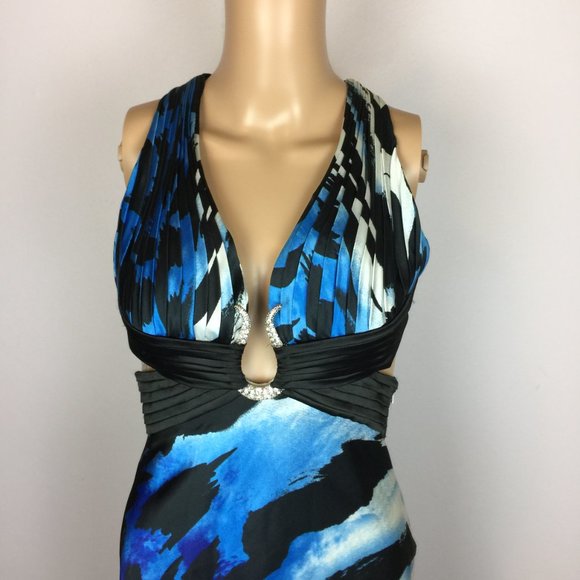 Cache Maxi Dress Size 2 Womans Blue Black Satin Open Back Cut Out Evening Y2K - Picture 2 of 15